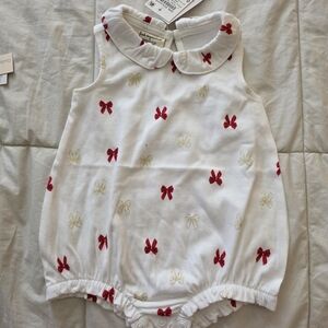 First Impressions White Romper with Red and Gold Bows